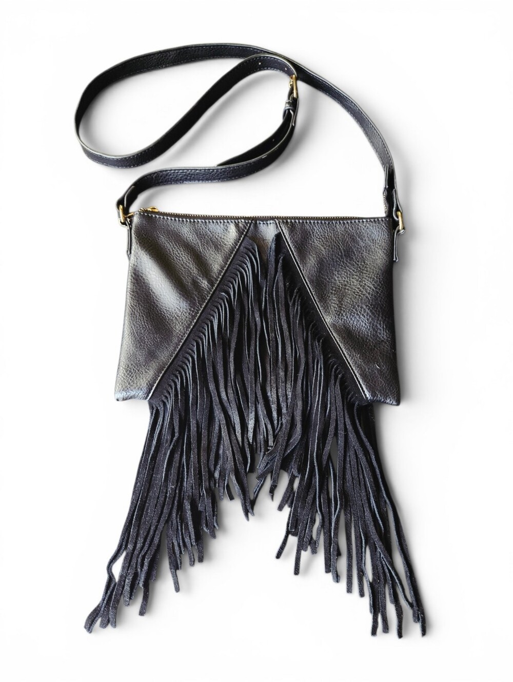 Black Fringe Faux Vegan Leather Crossbody Bag Adjustable Long Strap